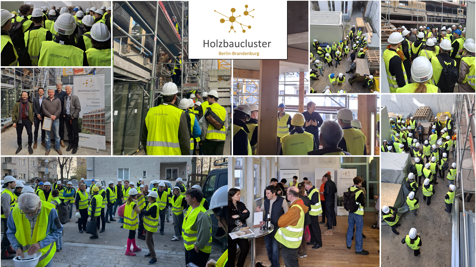 Fotocollage der Baustellenbesichtigung mit CLT Holzbau Hoock und Stora Enso