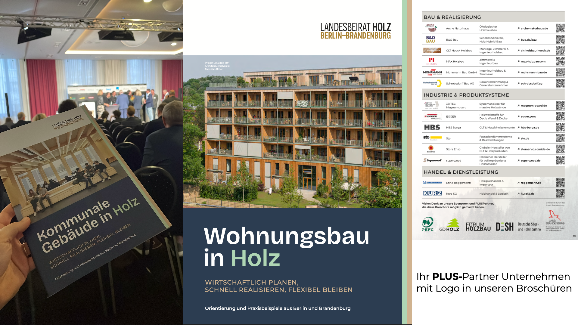 Broschüren des Landesbeirats Holz Berlin-Brandenburg mit sichtbaren PLUS-Partner-Logos
